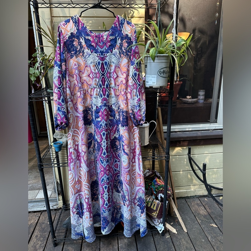 CHICO’S Travelers™ Paisley Maxi Dress Size 16 Long Sleeve Wrinkle Resistant LN
